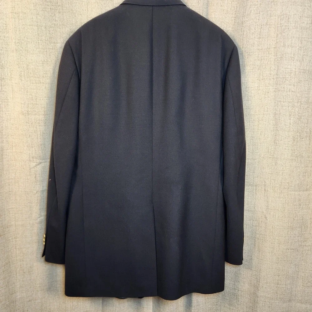 Stafford Worsted Wool Blend Sport Coat Men's 44L Navy Blue Two Button Gold Crest